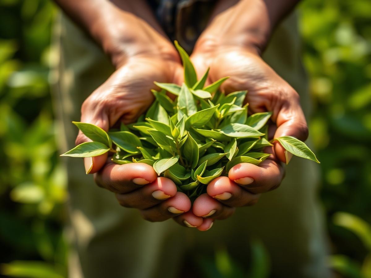 Hands holding fresh tea leaves in Rulindo